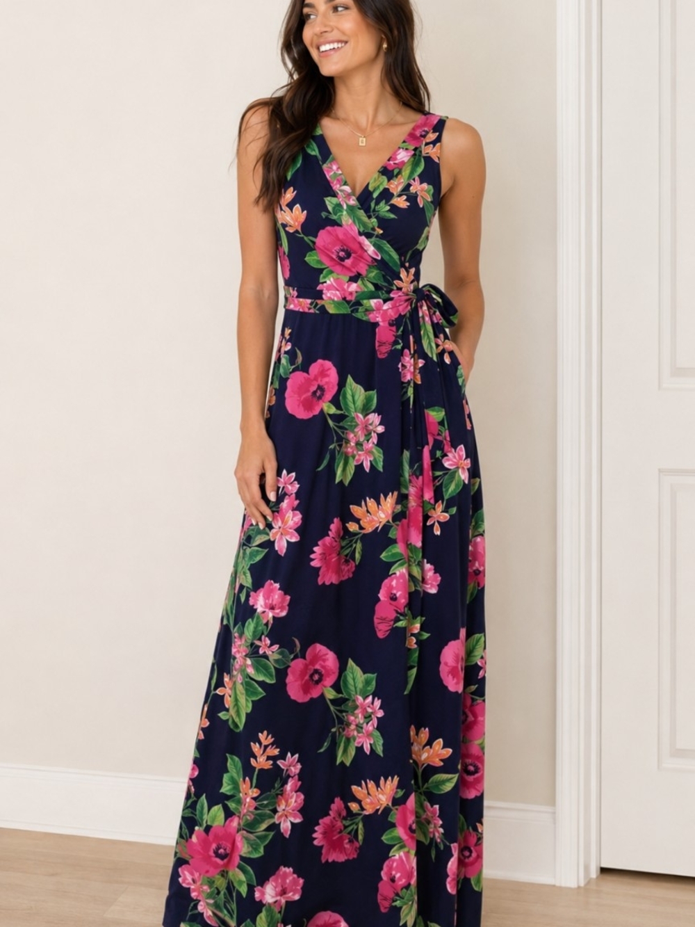 Market & Spruce Floral Faux Wrap Maxi Dress Navy Pink Sleeveless Tie Waist Sz S